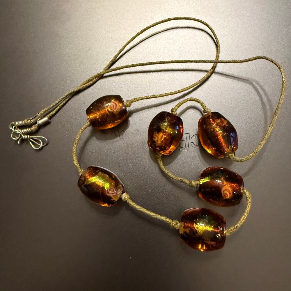 Handcrafted Artisan Amber & Green Glass Beaded  Necklace